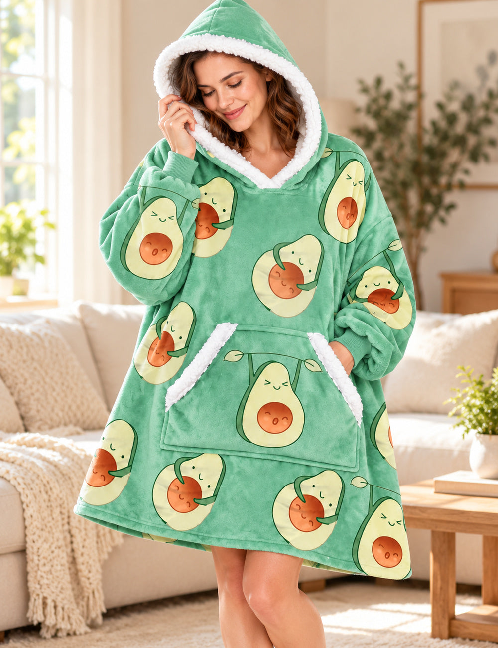 Femme portant le Kloody Avocado et rapprochant la bordure de capuche de sa joue