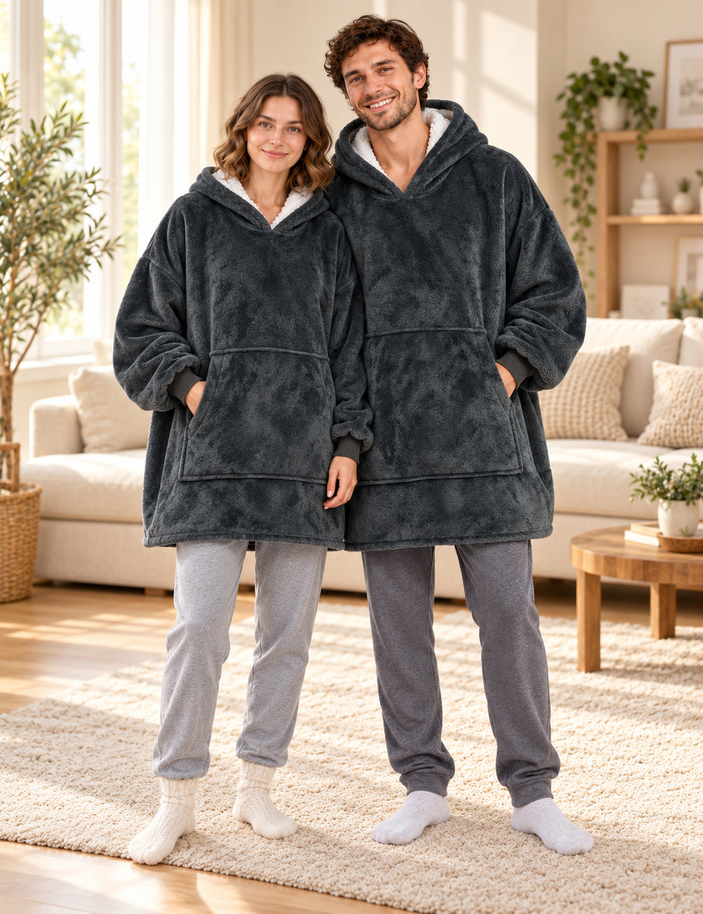 Couple portant le sweat plaid XXL Kloody Cuddle gris foncé, coupe ample et grande poche visibles