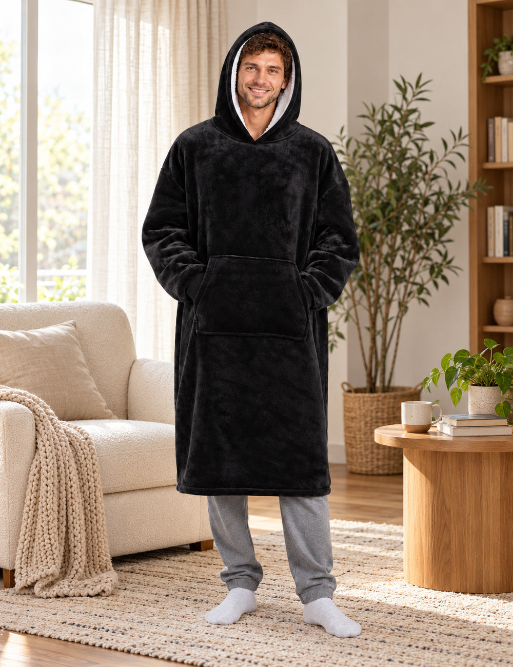 Sweat homme plaid grande taille Fortress noir porté à la maison, coupe longue et sherpa blanche dans la capuche
