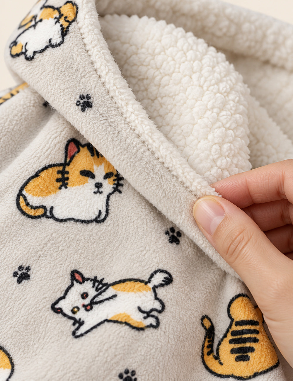 Détail de la doublure sherpa blanche et du tissu imprimé chats du Kloody Meaw Meaw