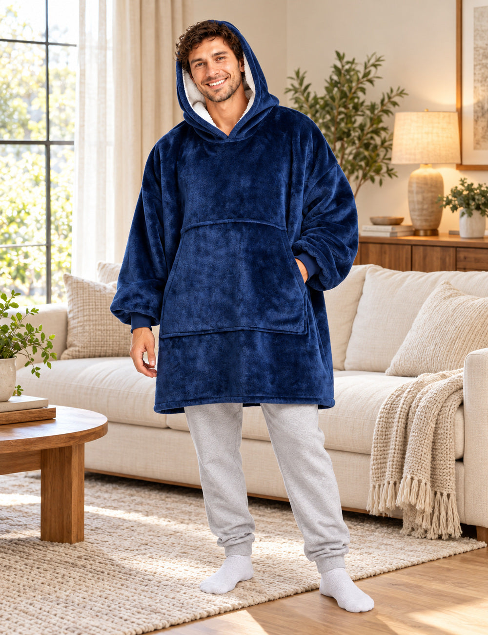Sweat bleu marine plaid Midnight porté à la maison, grande poche et capuche à doublure sherpa blanche