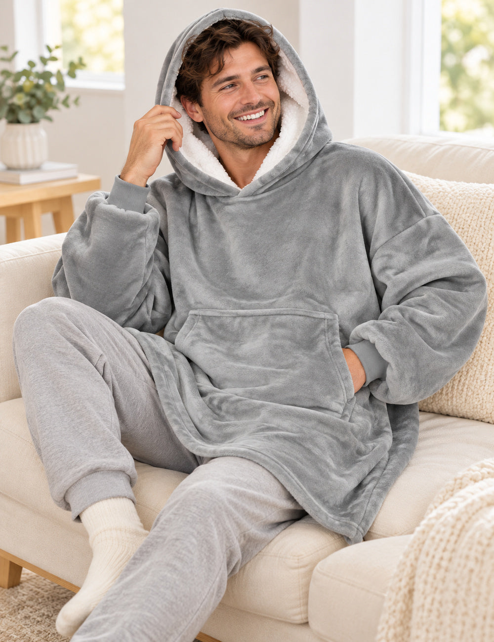 Homme en Pull Plaid Polaire Homme gris installé confortablement sur un canapé dans un salon lumineux