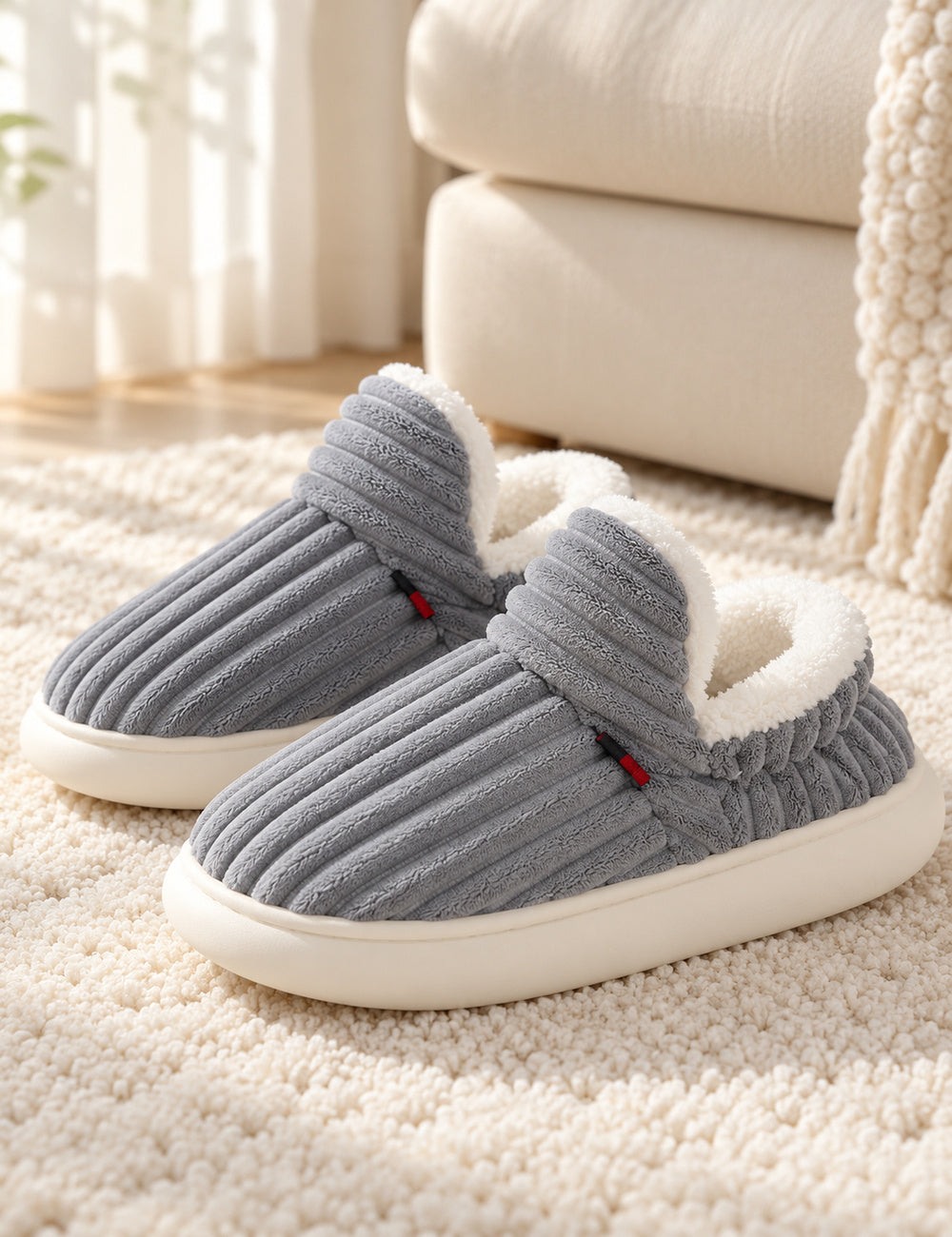 Paire de chaussons Alix gris sur un tapis ivoire, rabat avant relevé et doublure blanche