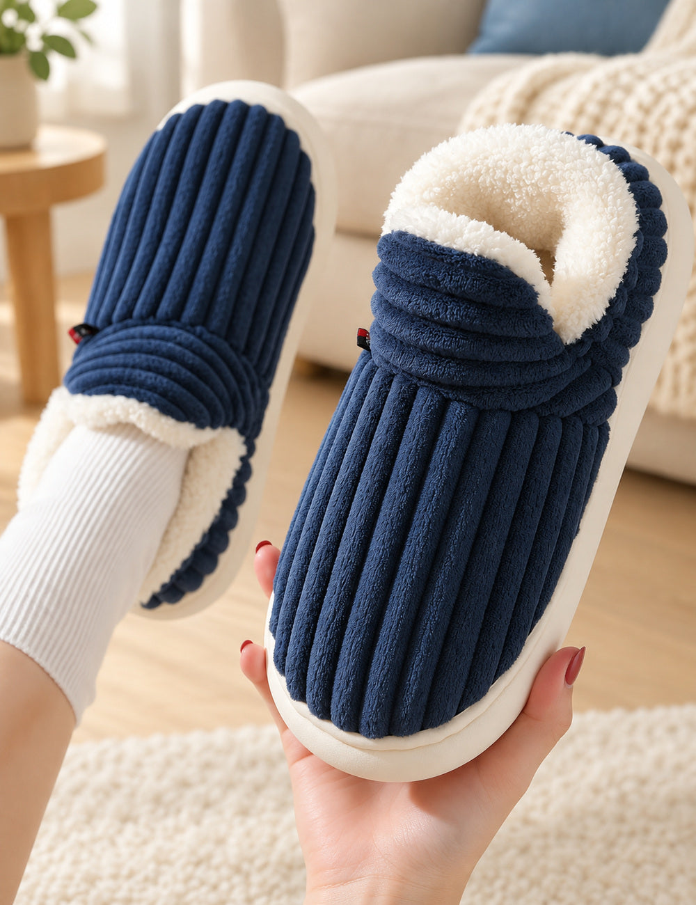 Chaussons Alix bleu marine, un porté avec une chaussette blanche et l’autre tenu en main