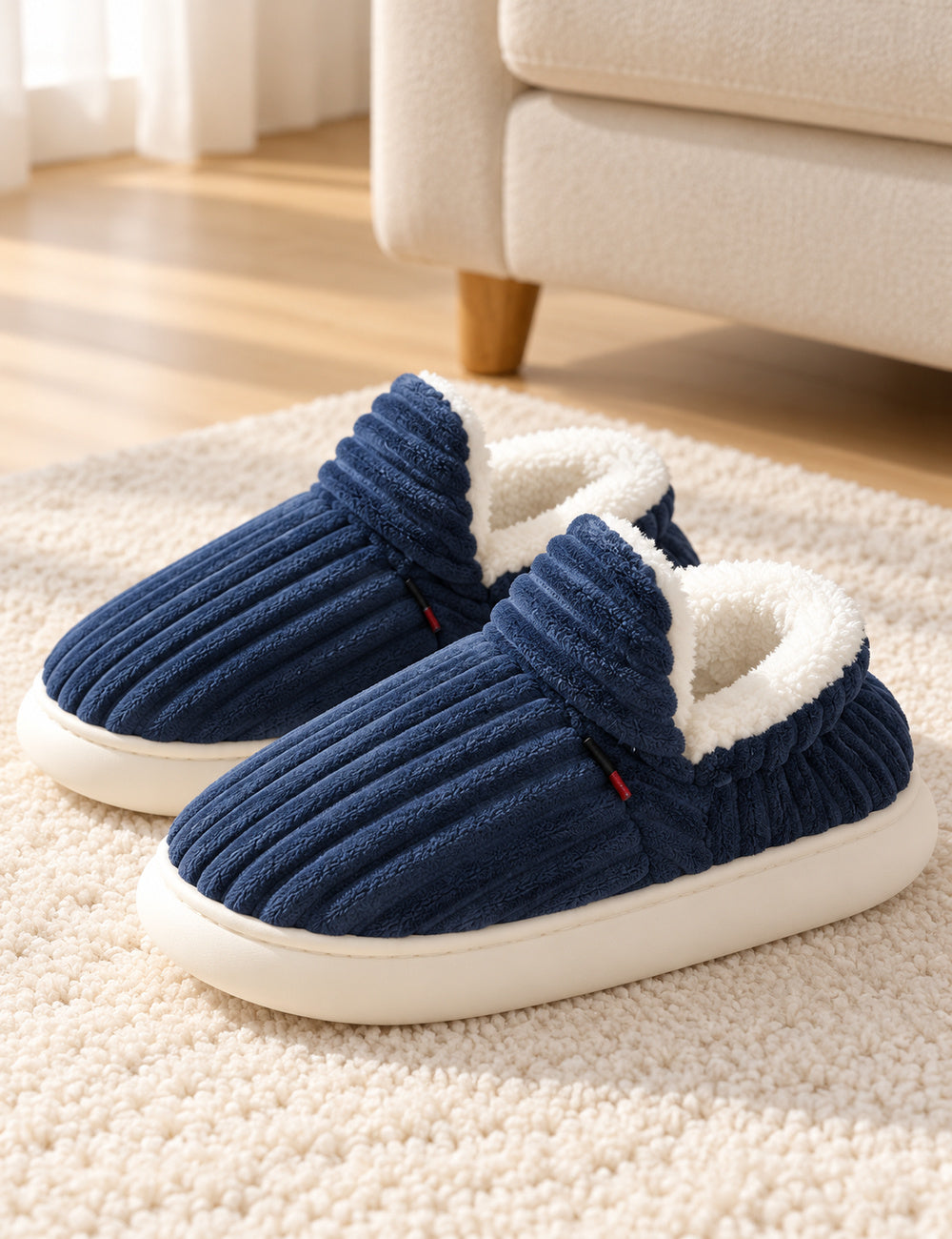 Paire de chaussons Alix bleu marine sur un tapis ivoire, rabat avant relevé et doublure blanche