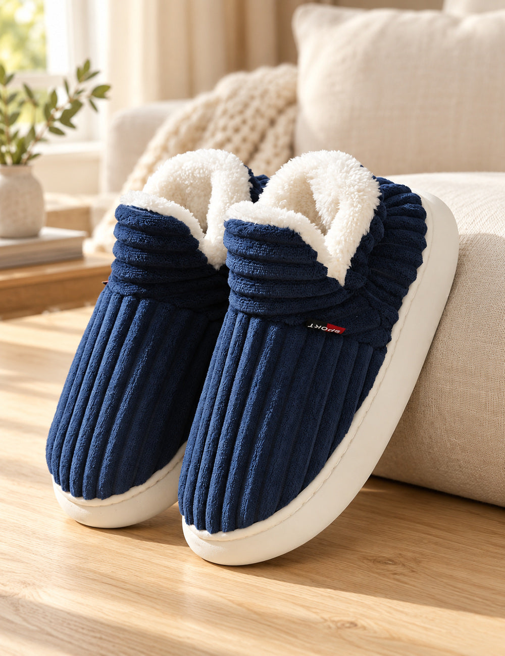 Paire de chaussons Alix bleu marine inclinée contre un coussin crème sur une table en bois clair