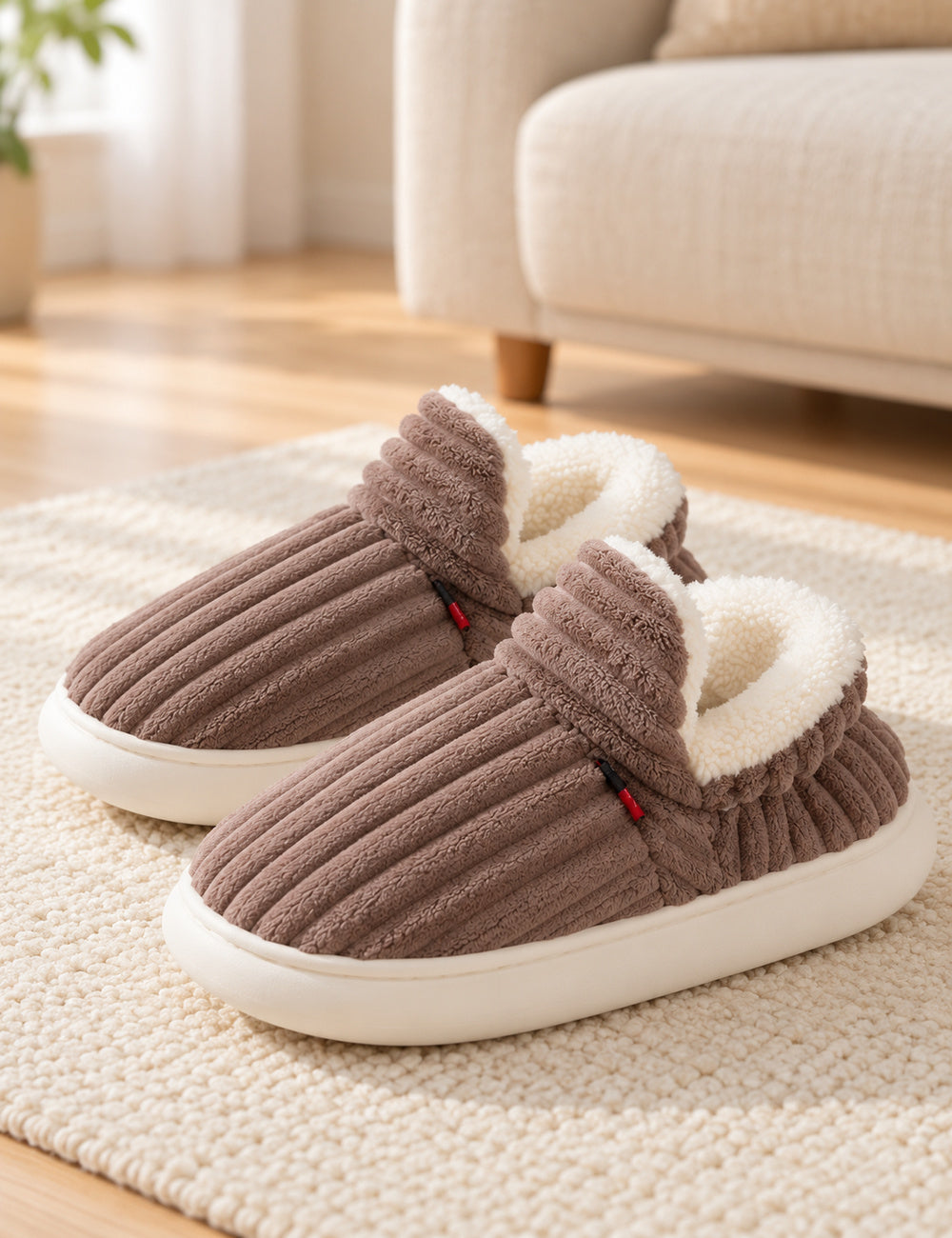 Paire de chaussons Alix marron taupe sur un tapis ivoire, rabat avant relevé et doublure blanche