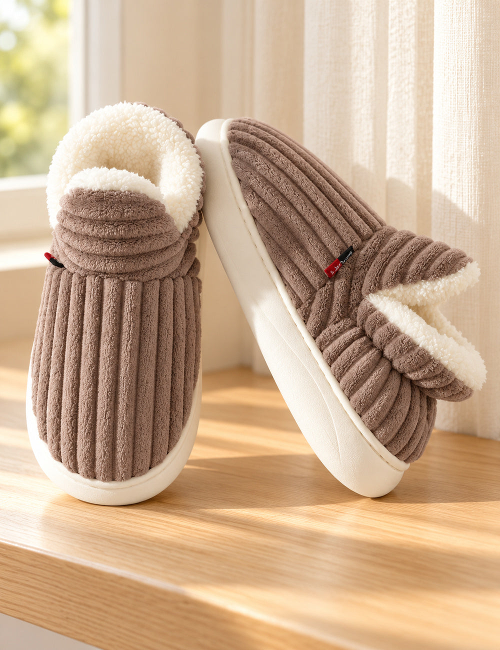 Paire de chaussons Alix marron taupe vue de face et de côté sur un rebord en bois