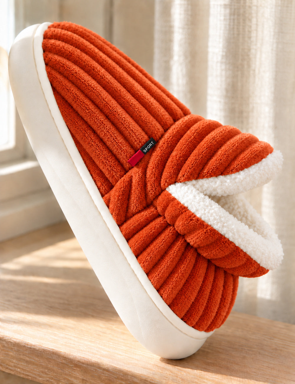 Détail de la coupe latérale du chausson Alix orange, échancrure du col et semelle ivoire
