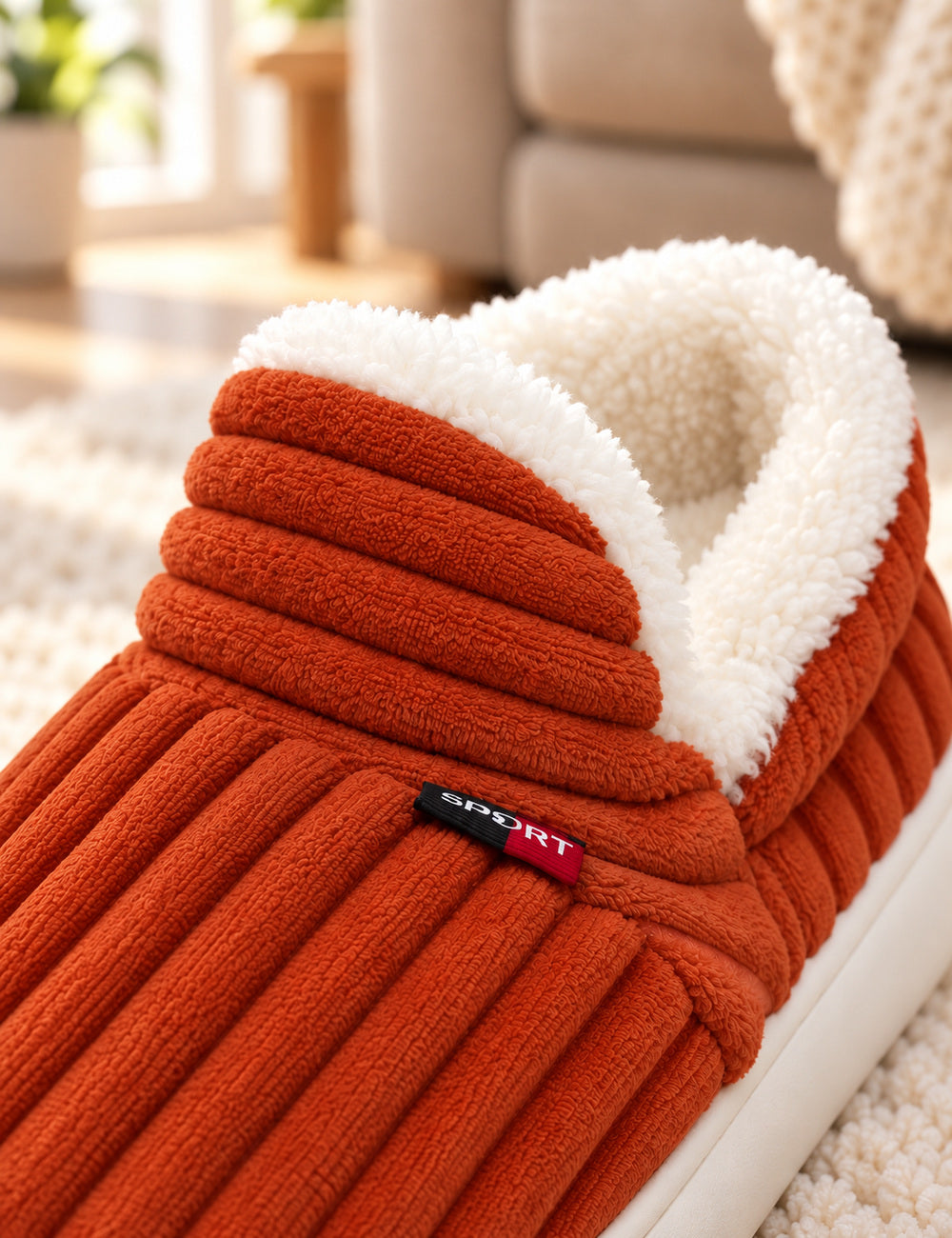 Détail du tissu côtelé orange et de la doublure blanche des chaussons Alix