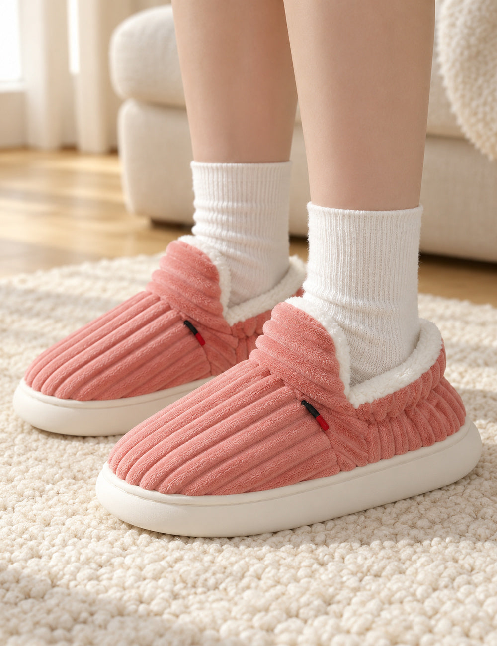 Chaussons Alix roses portés avec des chaussettes blanches, pieds posés sur un tapis