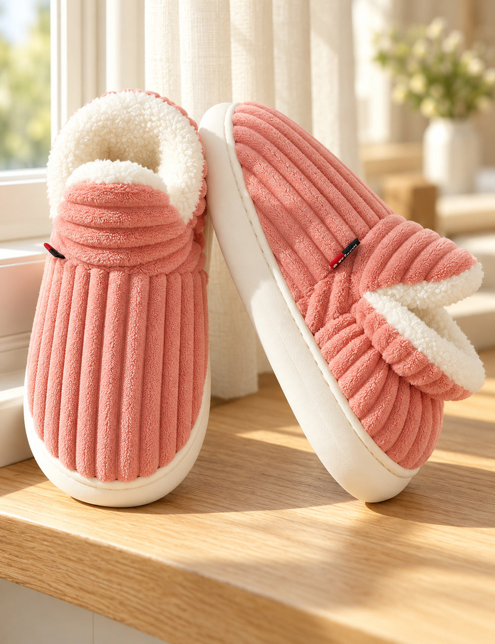 Chaussons Alix roses vus de face et de côté sur un rebord en bois clair