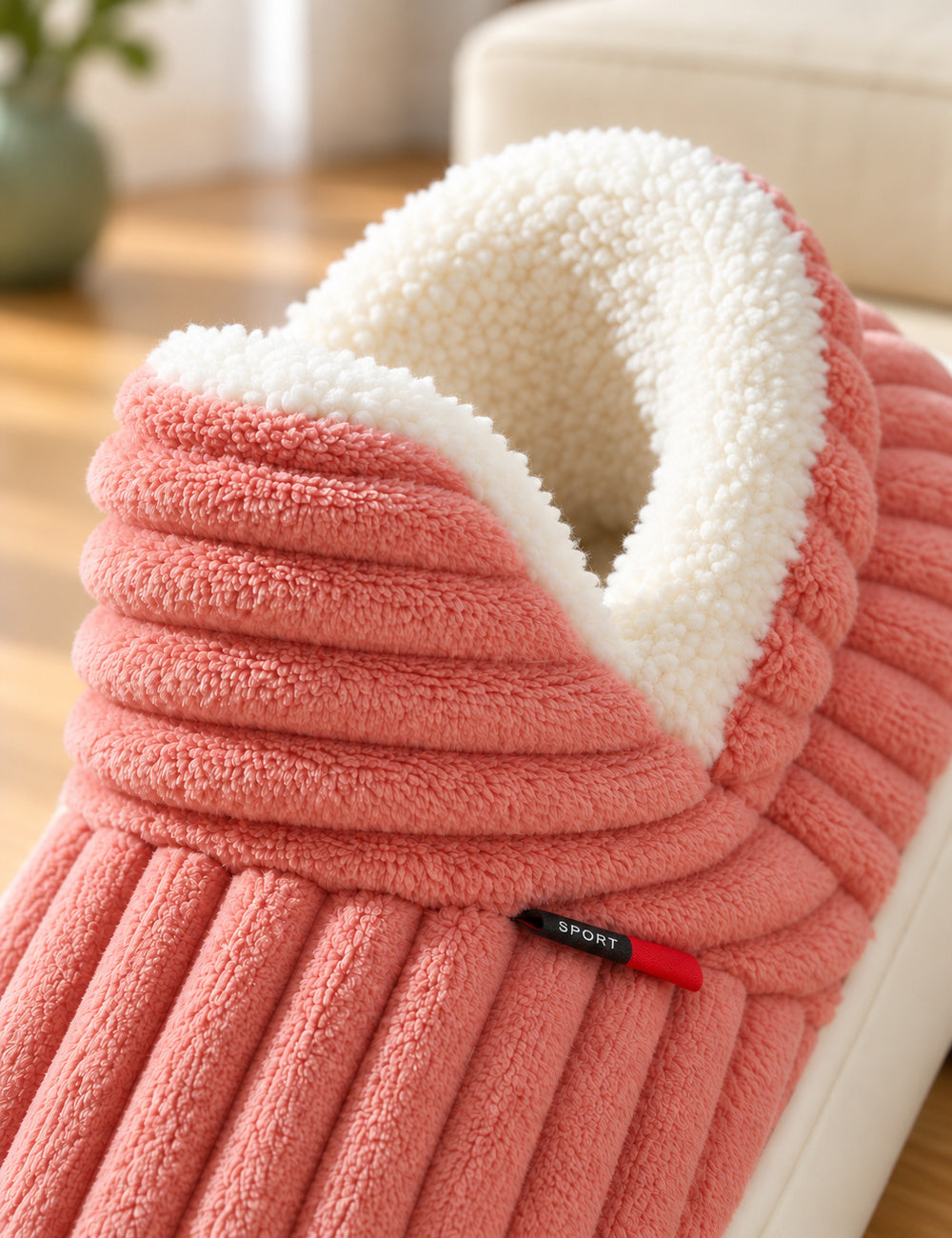 Gros plan du rabat côtelé rose et de la doublure sherpa blanche du chausson Alix