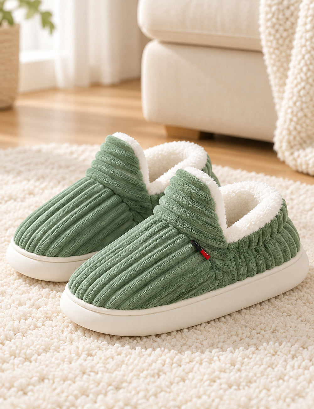 Paire de chaussons Alix vert sauge sur un tapis ivoire, rabat avant relevé et doublure blanche