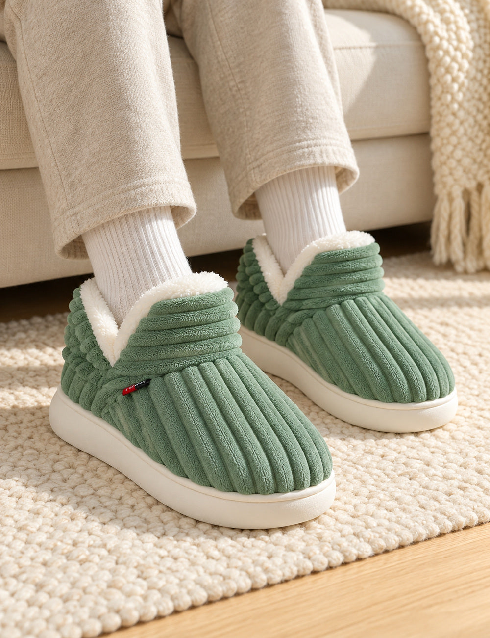 Chaussons Alix vert sauge portés avec des chaussettes blanches, les deux pieds à plat sur un tapis