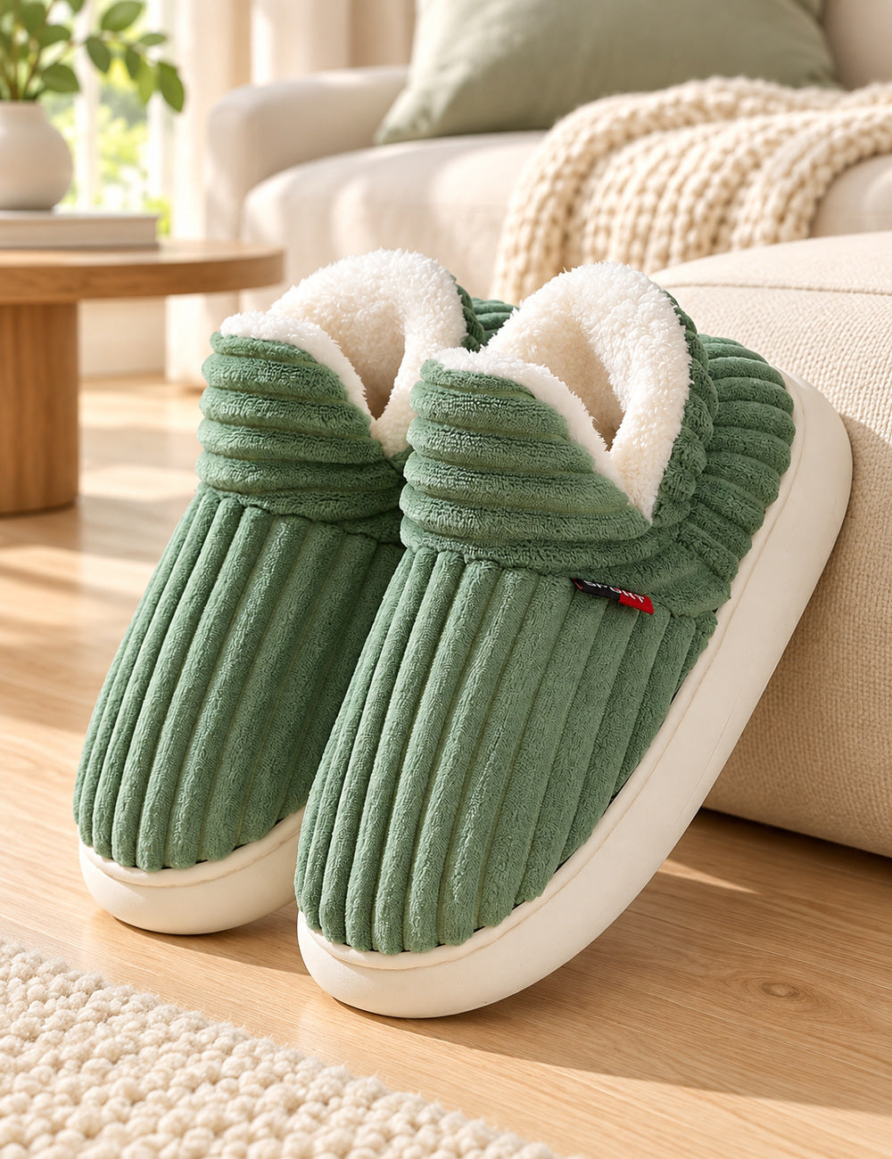 Paire de chaussons Alix vert sauge inclinée contre un pouf crème, doublure blanche visible