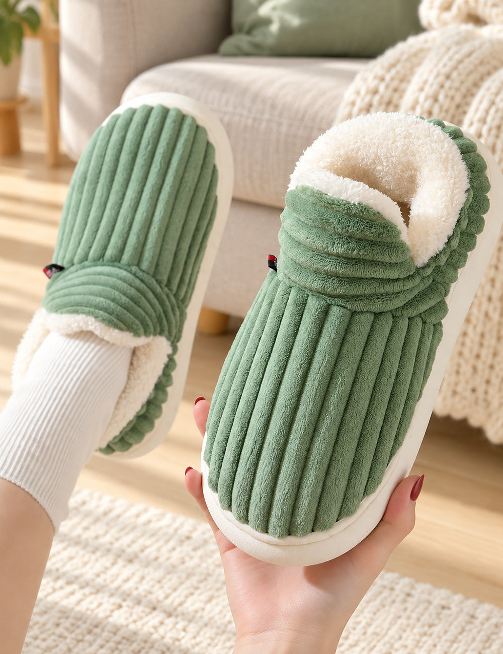 Chaussons Alix vert sauge, un porté avec une chaussette blanche et l’autre tenu en main