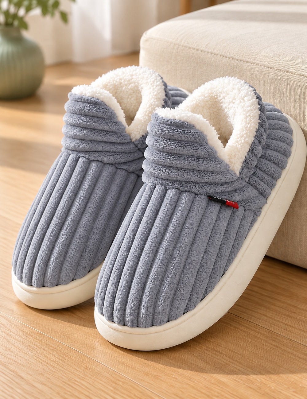 Bottes chaussons femme Pilou Pilou grises présentées seules, doublure blanche visible