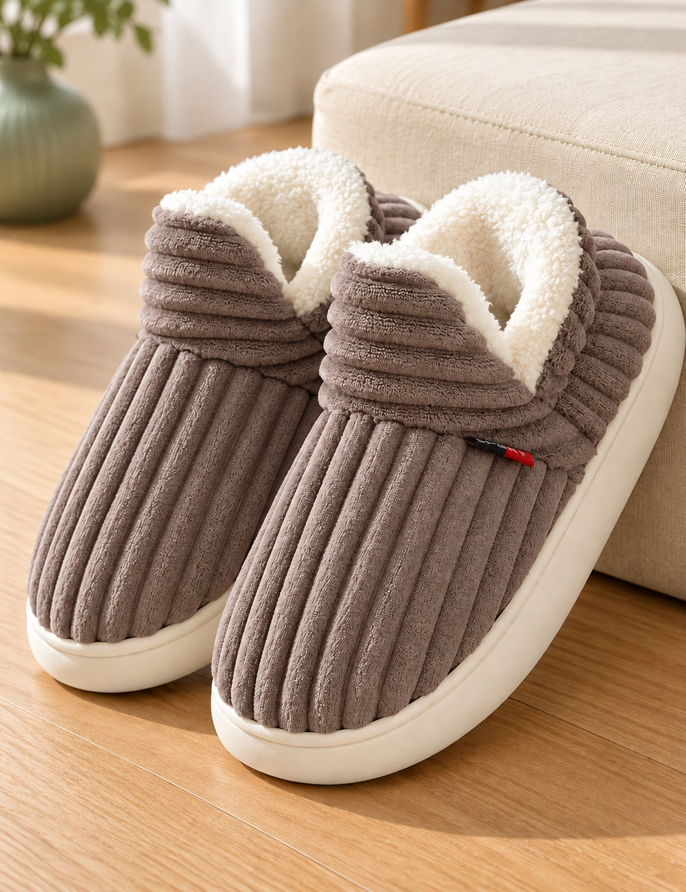 Bottes chaussons femme Pilou Pilou marron taupe présentées seules, doublure blanche visible