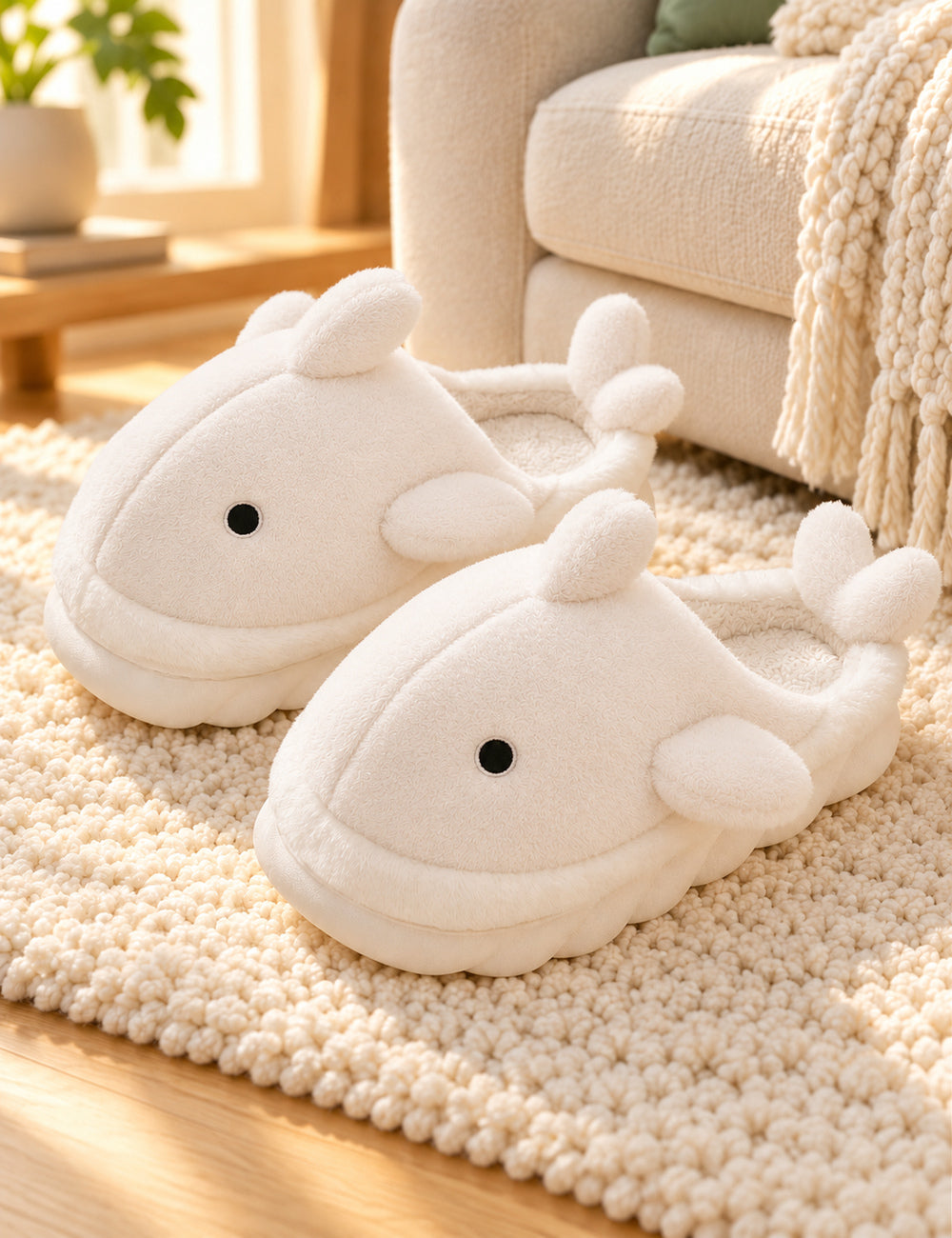 Chaussons Pilou Pilou Animal Marin, coloris blanc : paire sur un tapis ivoire près du canapé