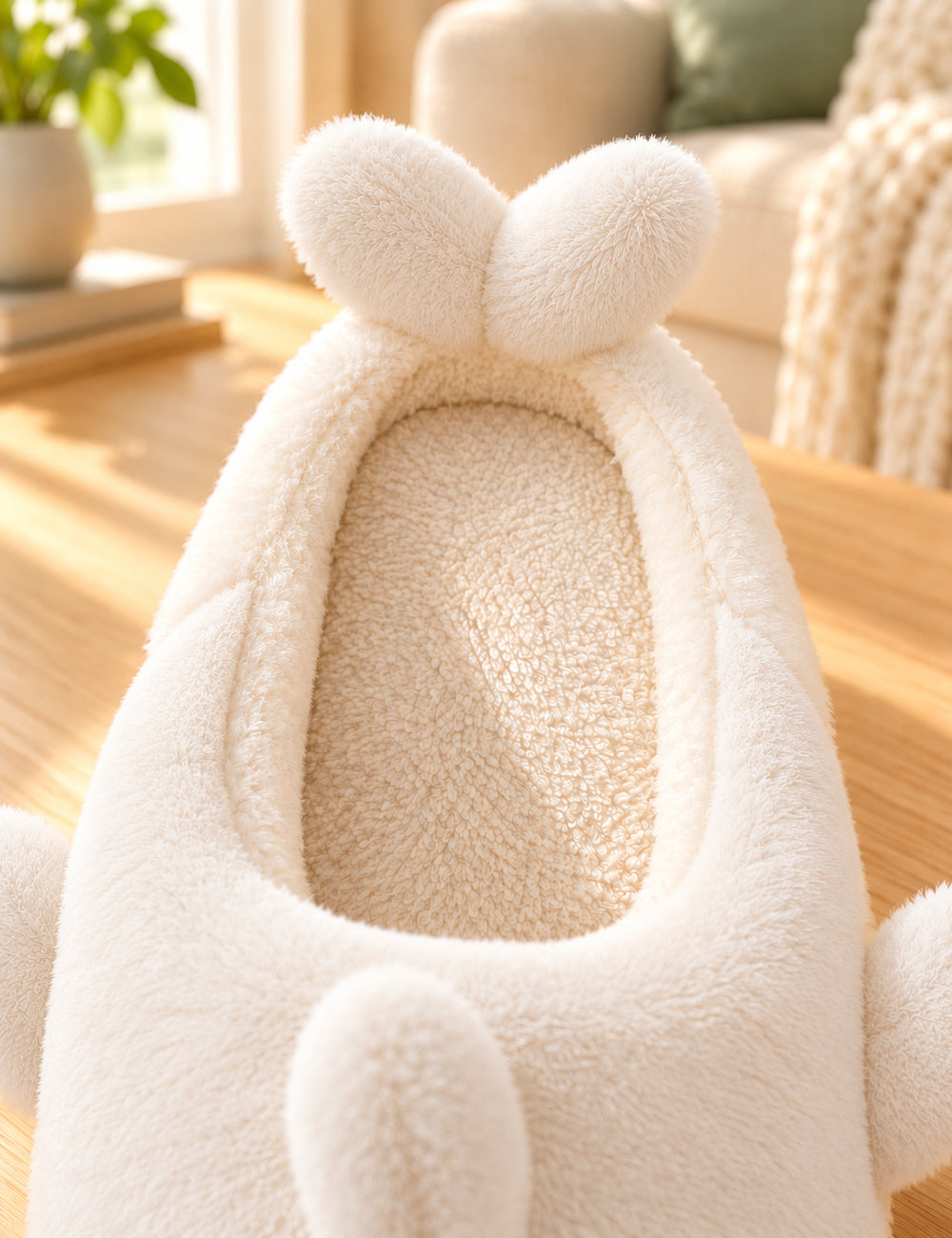 Chaussons Pilou Pilou Animal Marin, coloris blanc : détail de l’intérieur crème et de la queue