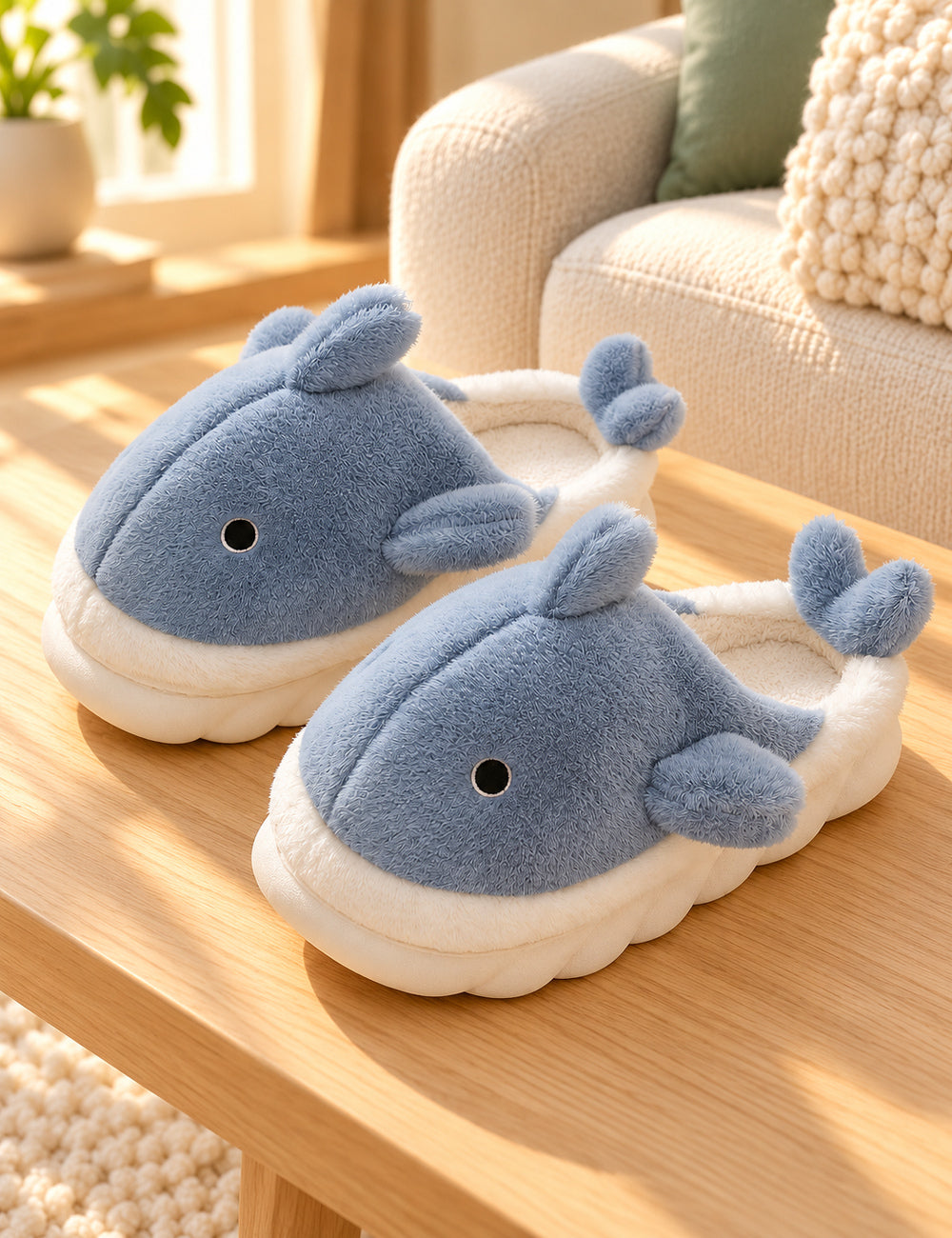 Chaussons Pilou Pilou Animal Marin bleus, paire présentée sur du bois clair