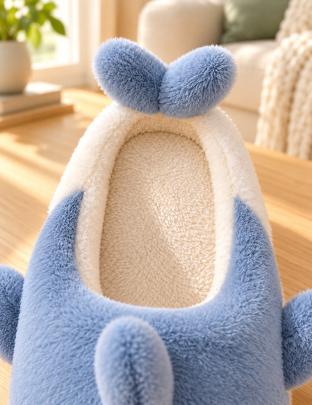 Détail de l’intérieur crème et de la queue des chaussons Animal Marin bleus