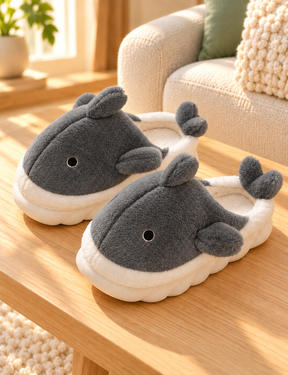 Chaussons Pilou Pilou Animal Marin, coloris gris : paire présentée sur du bois clair