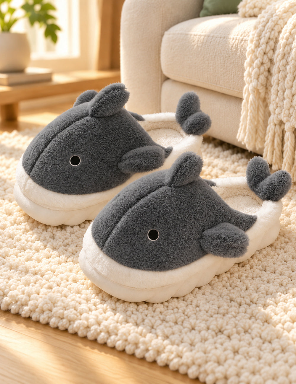 Chaussons Pilou Pilou Animal Marin, coloris gris : paire sur un tapis ivoire près du canapé