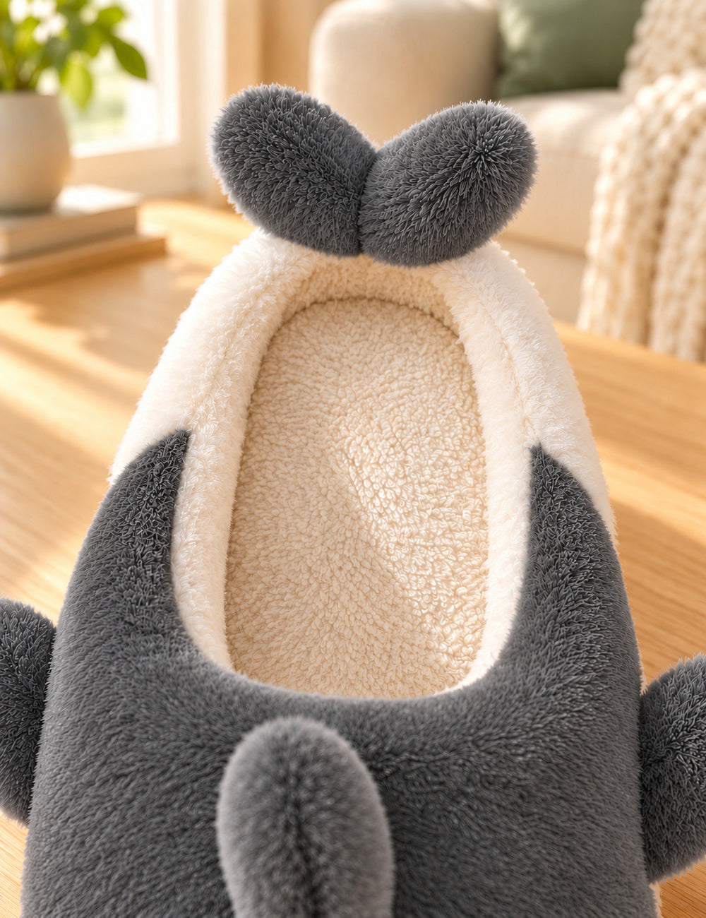 Chaussons Pilou Pilou Animal Marin, coloris gris : détail de l’intérieur crème et de la queue
