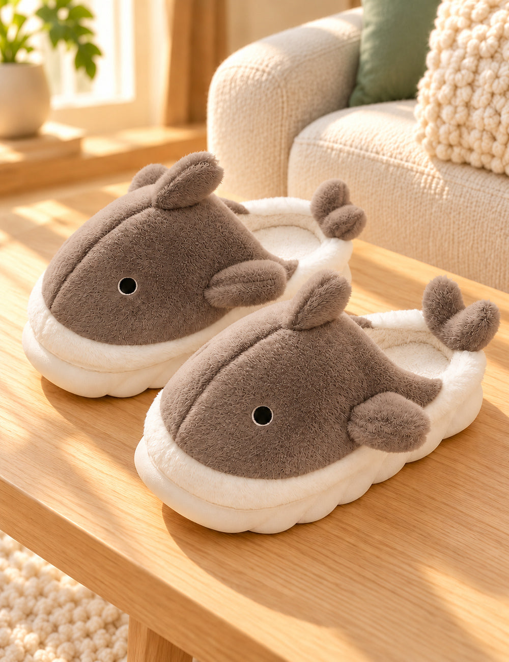 Chaussons Pilou Pilou Animal Marin, coloris marron : paire présentée sur du bois clair