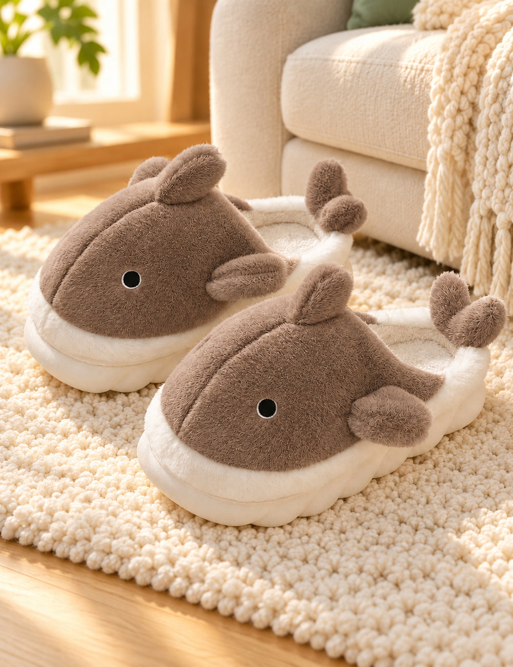Chaussons Pilou Pilou Animal Marin, coloris marron : paire sur un tapis ivoire près du canapé