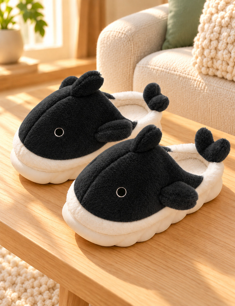 Chaussons Pilou Pilou Animal Marin, coloris noir : paire présentée sur du bois clair