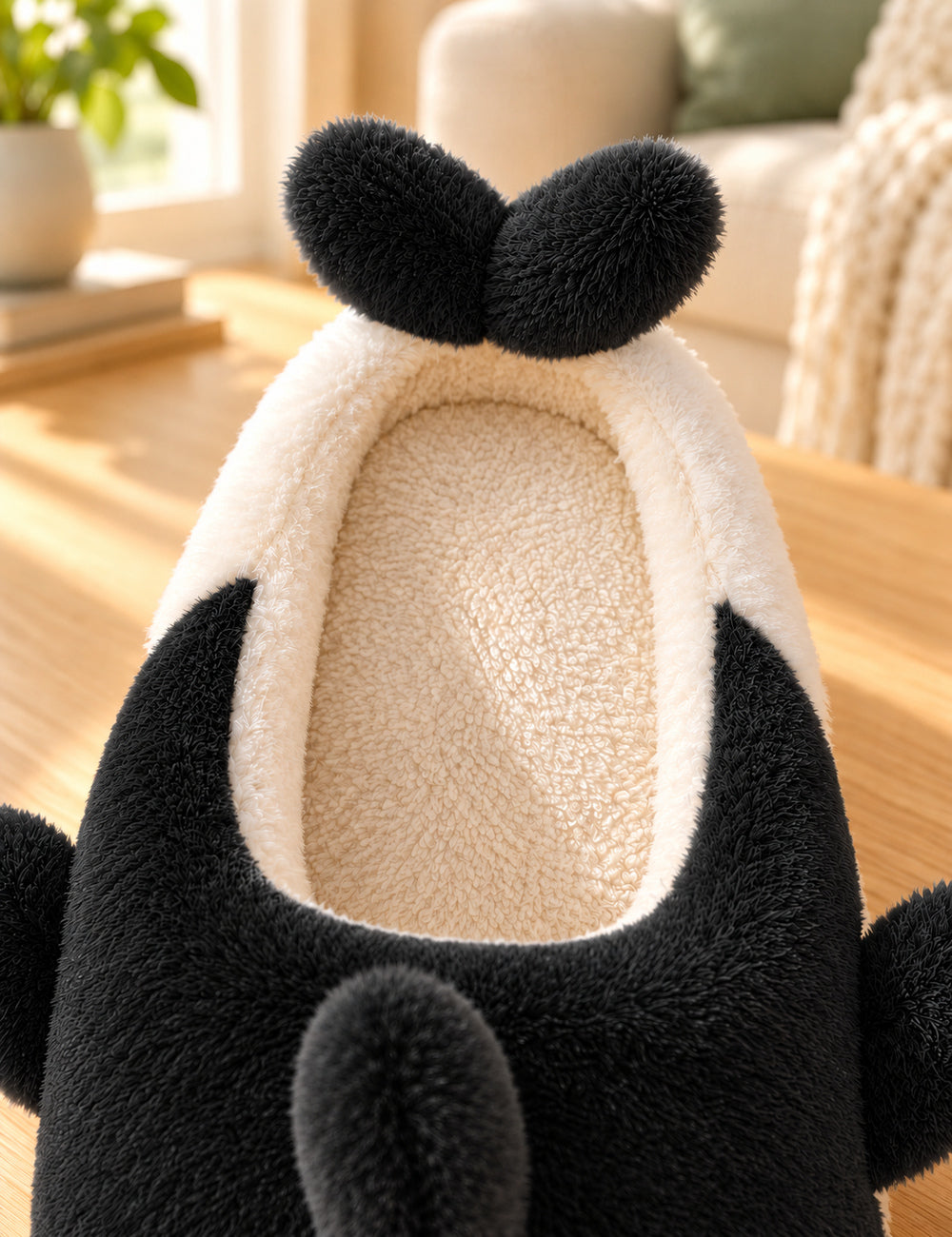 Chaussons Pilou Pilou Animal Marin, coloris noir : détail de l’intérieur crème et de la queue