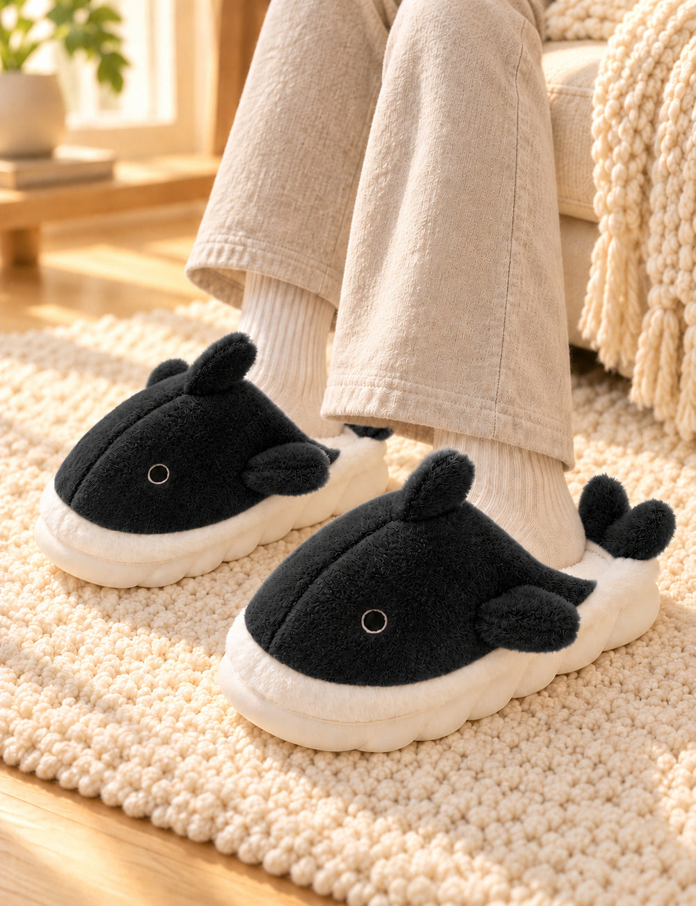 Chaussons Pilou Pilou Animal Marin, coloris noir : vue portée avec des chaussettes ivoire