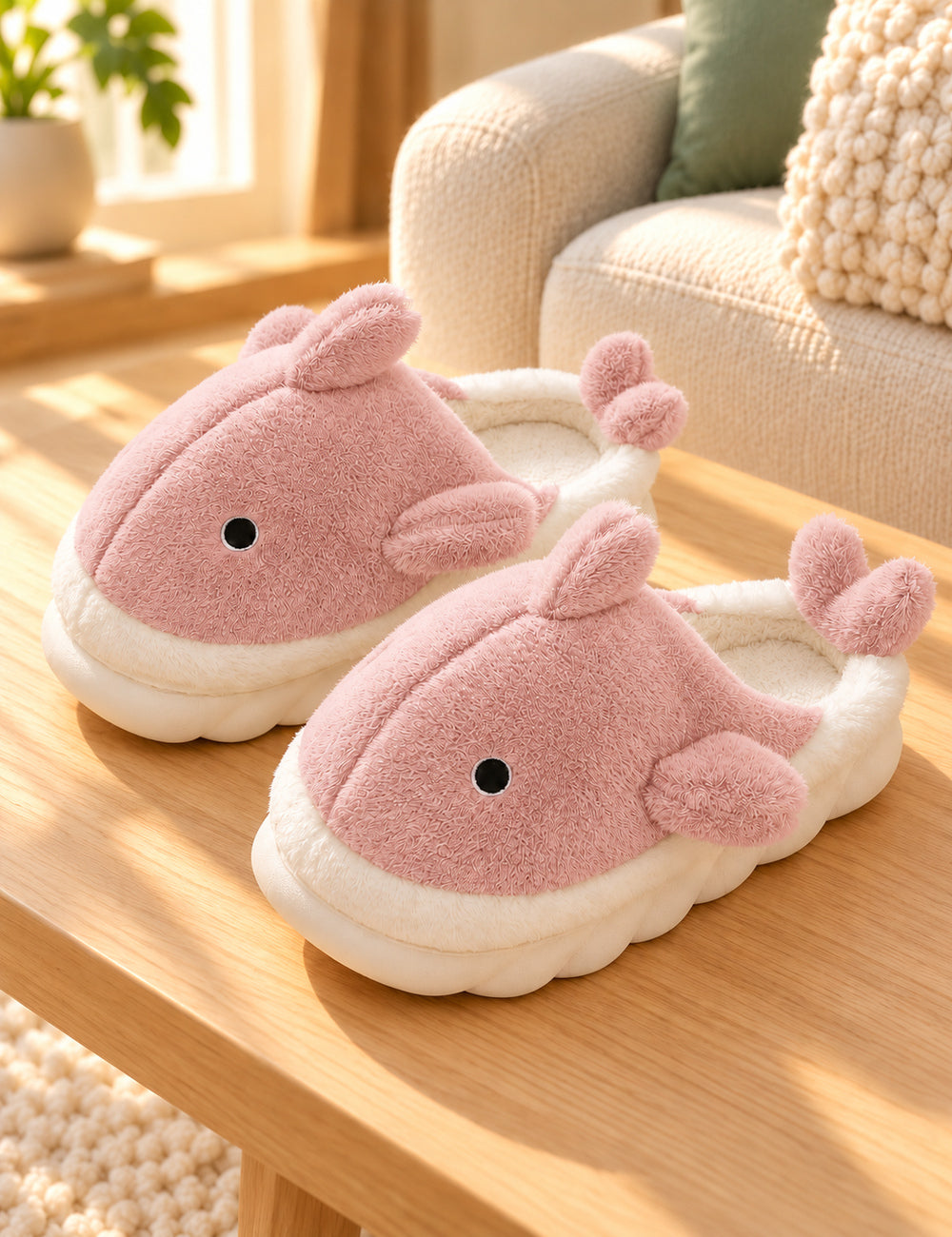 Chaussons Pilou Pilou Animal Marin, coloris rose : paire présentée sur du bois clair