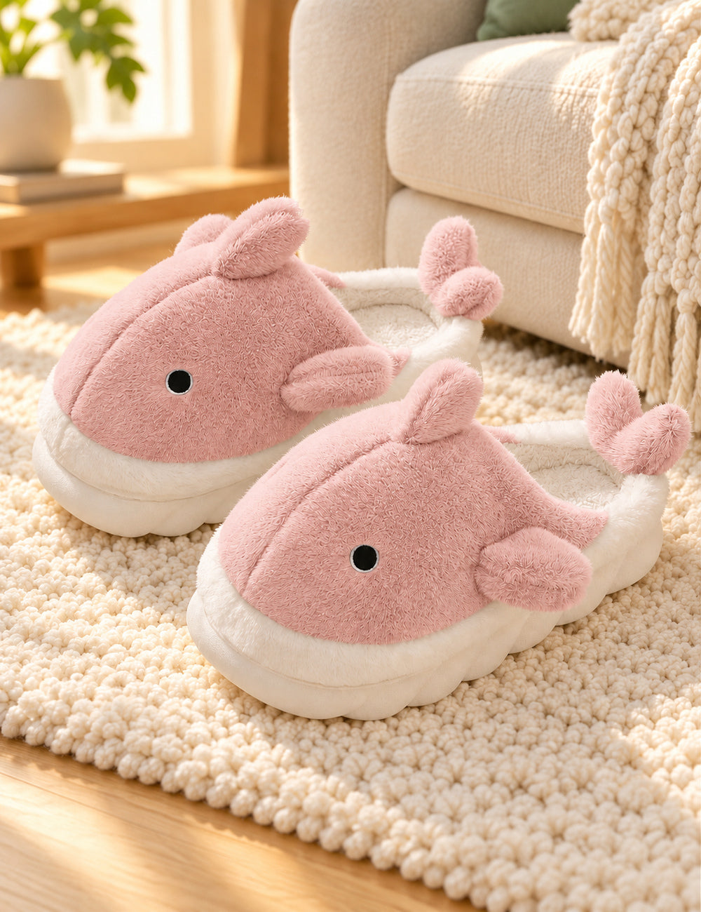 Chaussons Pilou Pilou Animal Marin, coloris rose : paire sur un tapis ivoire près du canapé