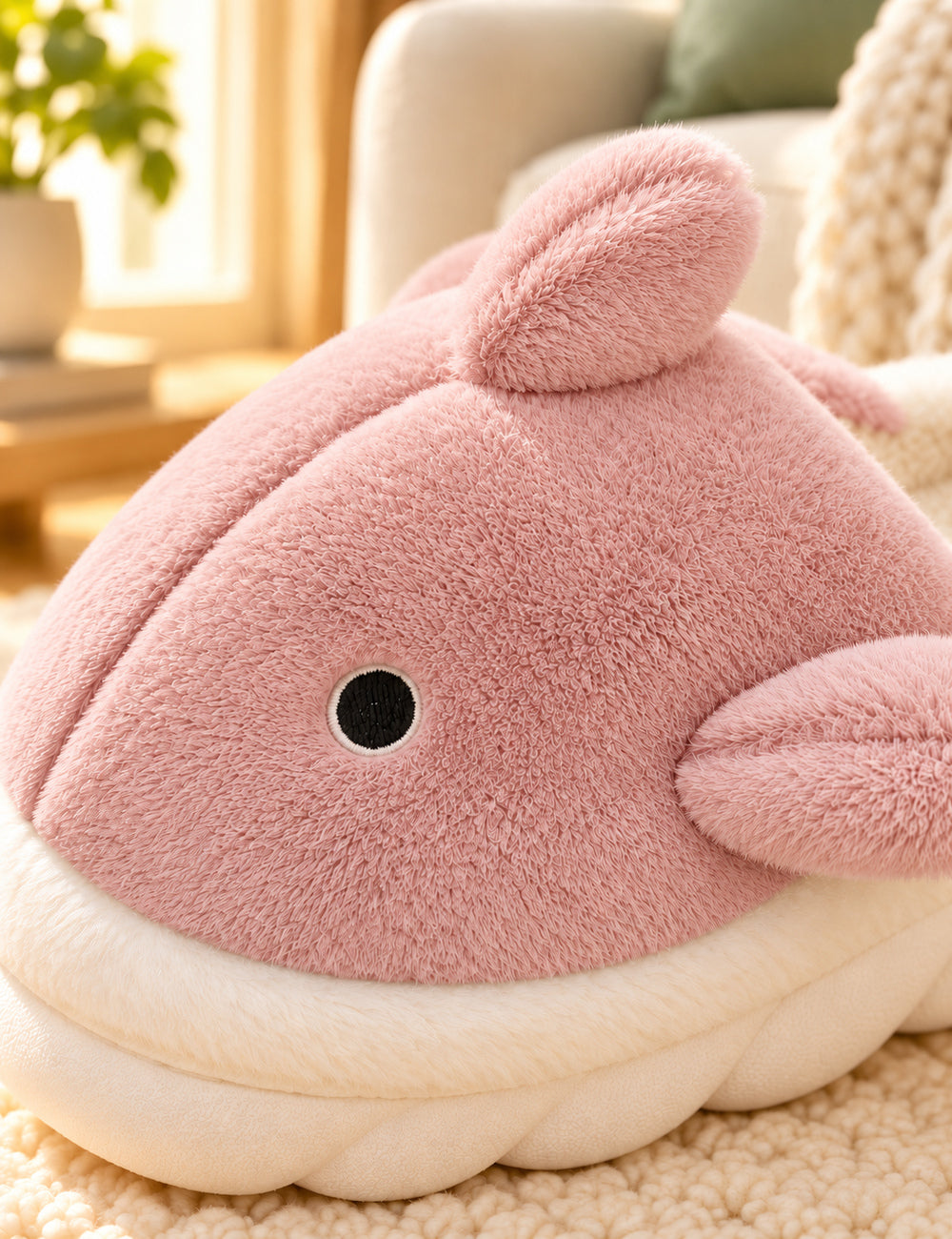 Chaussons Pilou Pilou Animal Marin, coloris rose : détail de l’œil brodé et de la nageoire