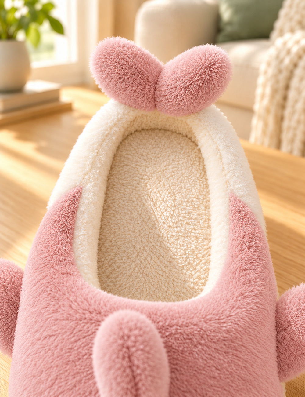 Chaussons Pilou Pilou Animal Marin, coloris rose : détail de l’intérieur crème et de la queue
