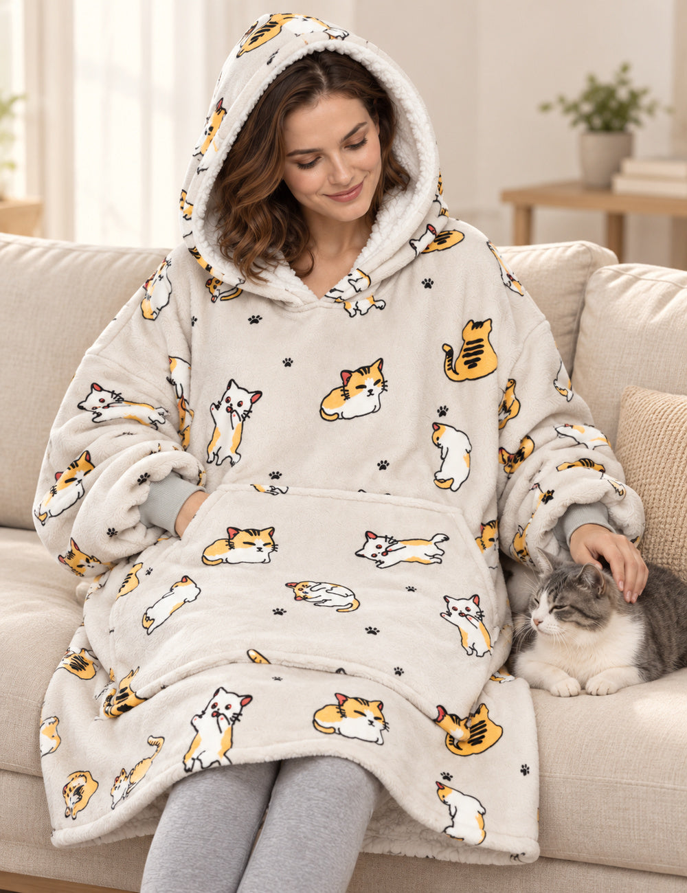 Femme en Kloody Meaw Meaw sur un canapé, capuche relevée, caressant son chat
