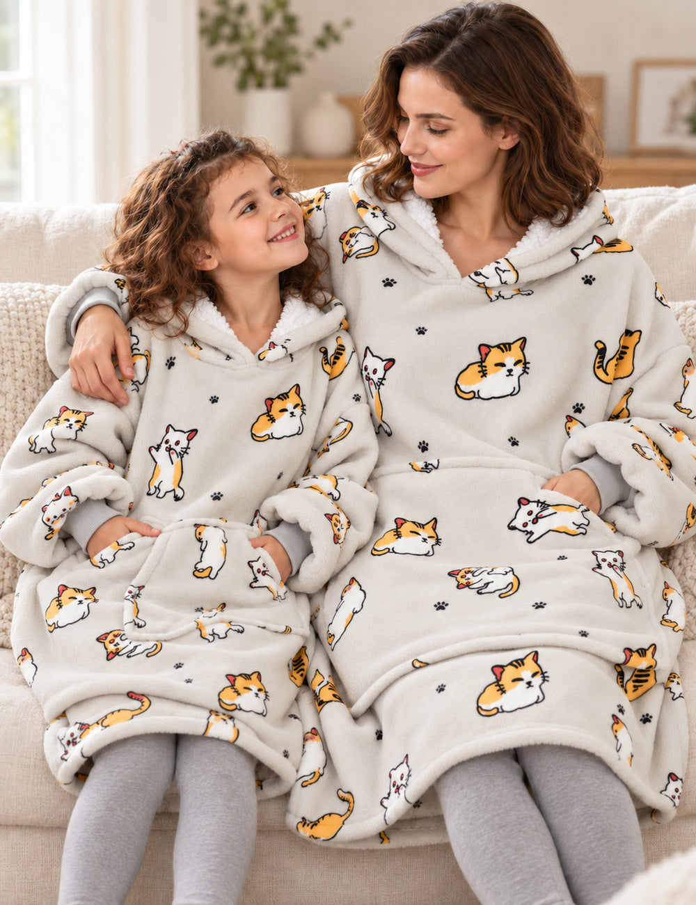Mère et enfant en Kloody Meaw Meaw assortis, pendant un moment de détente sur le canapé