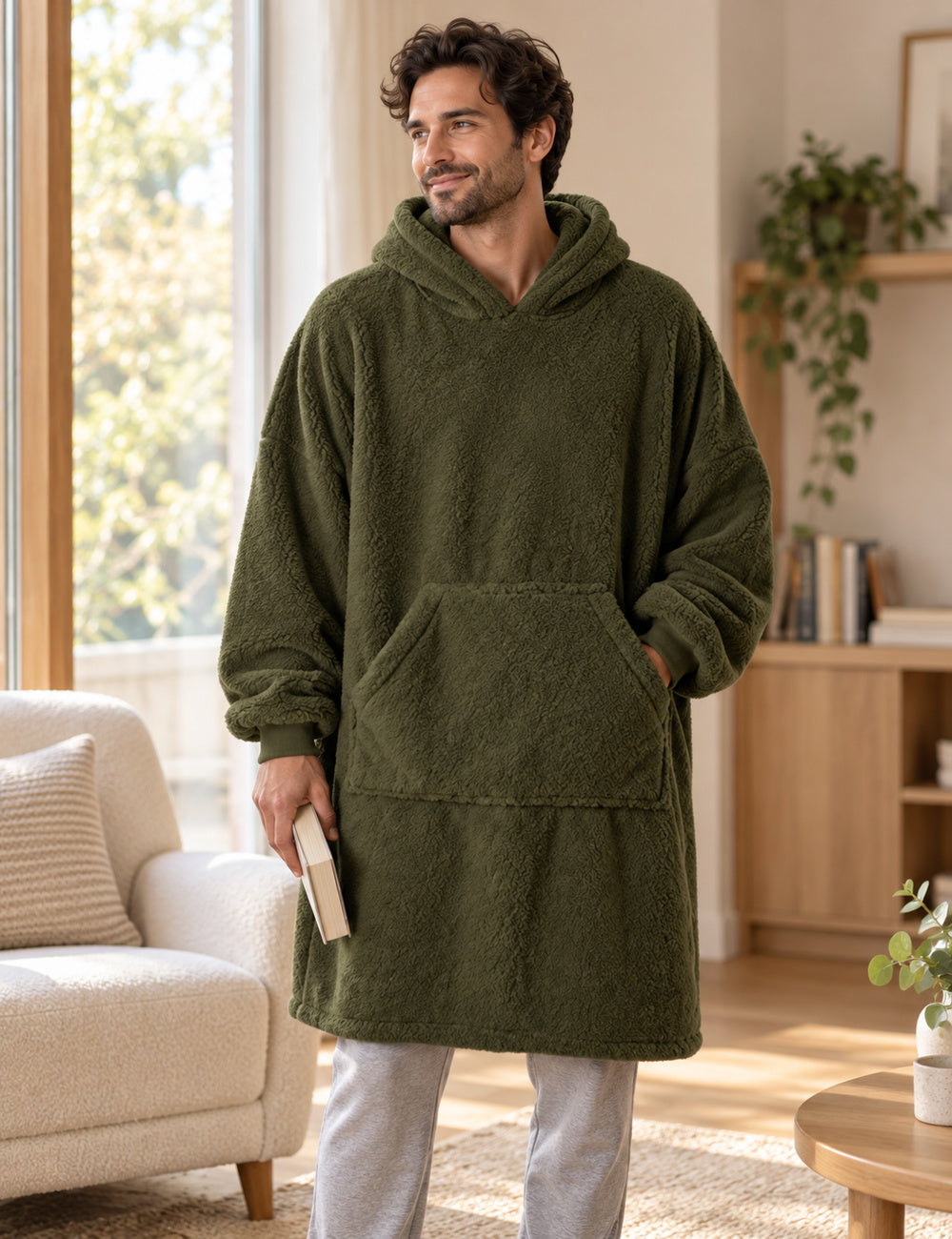 Homme en Kloody Polaire vert près d'un fauteuil, avec un livre à la main