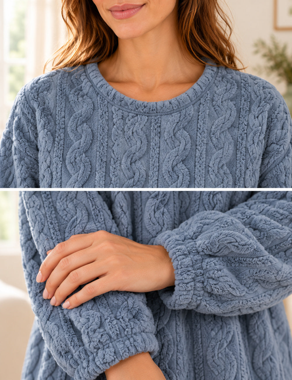Détails du col rond et des poignets du pyjama polaire Odette bleu ardoise