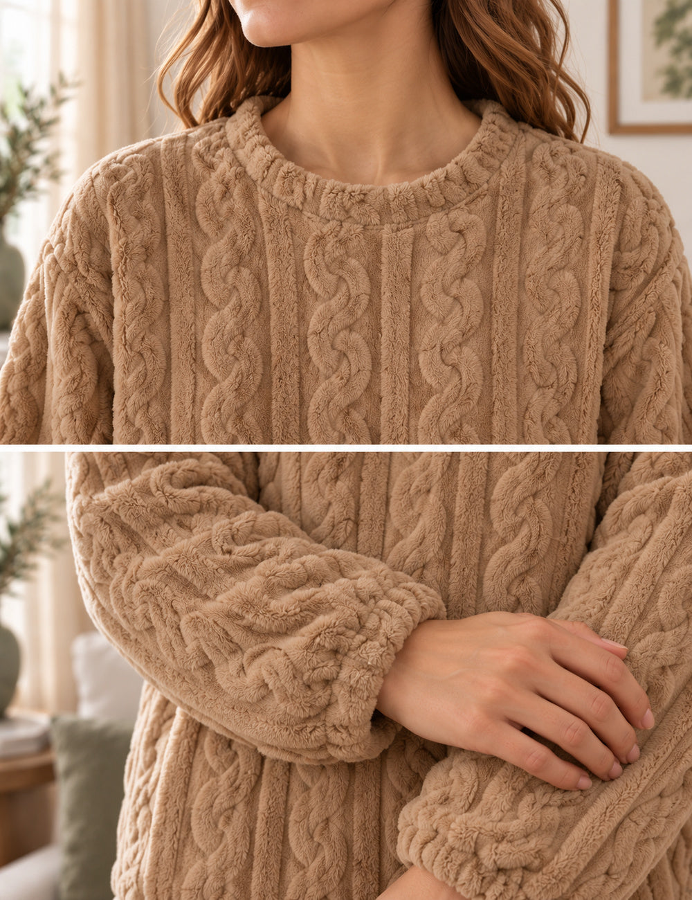 Détails du col rond et des poignets du pyjama polaire Odette camel
