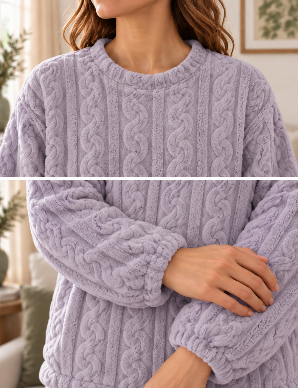 Détails du col rond et des poignets du pyjama polaire Odette mauve clair