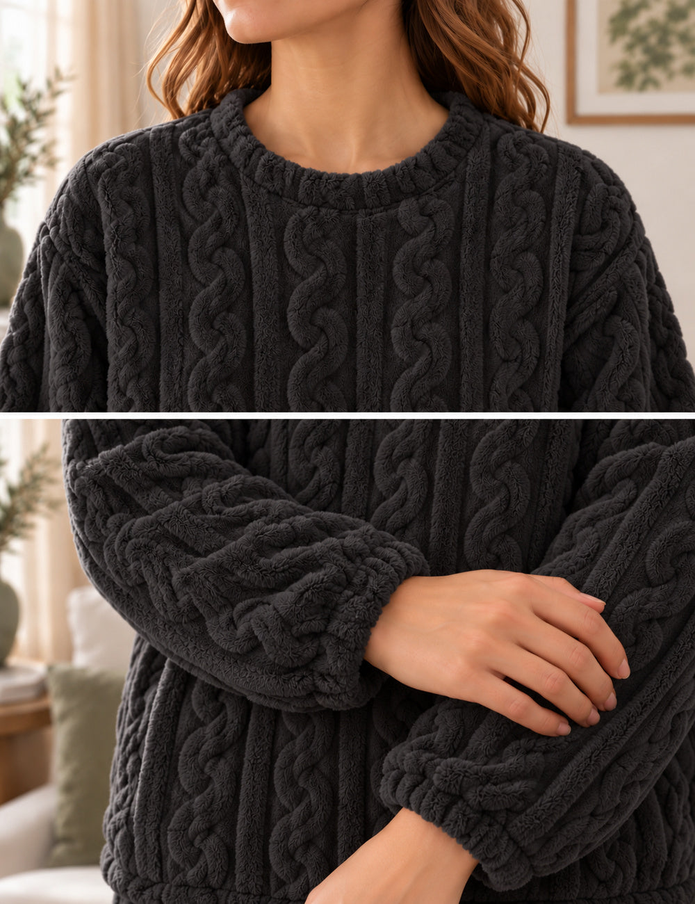 Détails du col rond et des poignets du pyjama polaire Odette noir