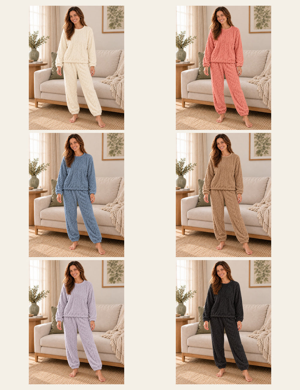Les six coloris du pyjama polaire femme Odette : crème, rose, bleu, camel, violet et noir