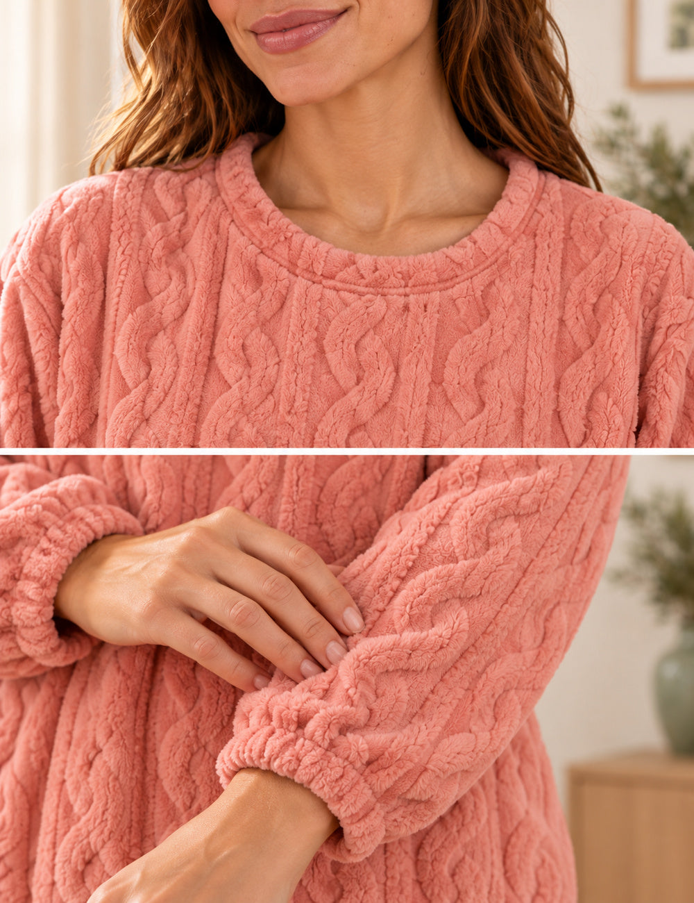 Détails du col rond et des poignets du pyjama polaire Odette rose saumon