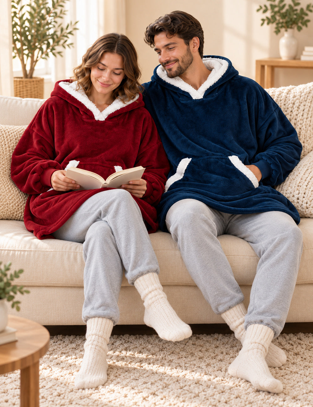 Couple sur le canapé portant les pulls plaids polaires bordeaux et bleu marine pendant un moment de lecture