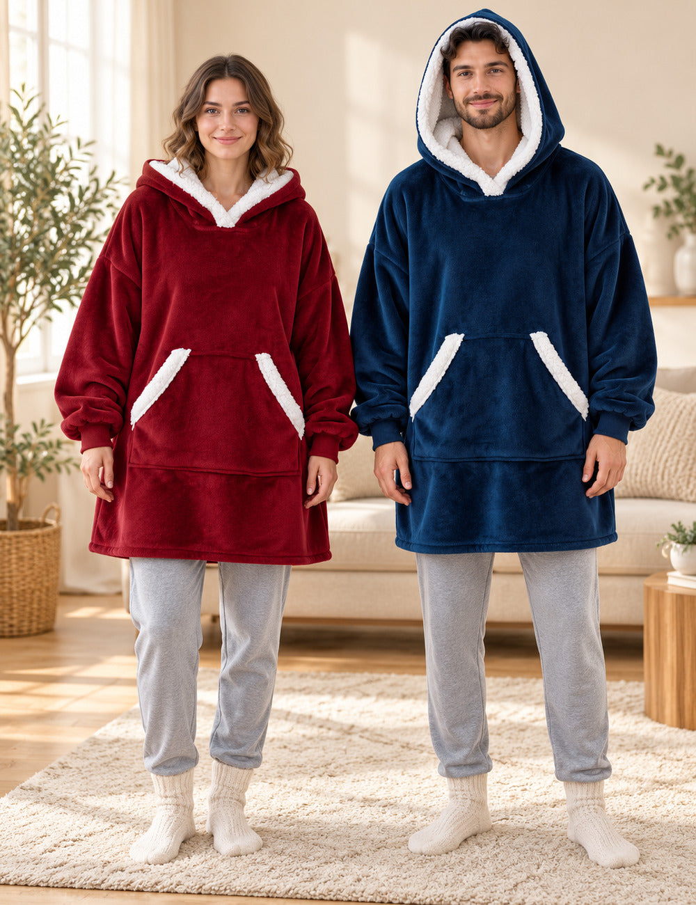 Couple debout portant les pulls plaids polaires bordeaux et bleu marine The Kloody